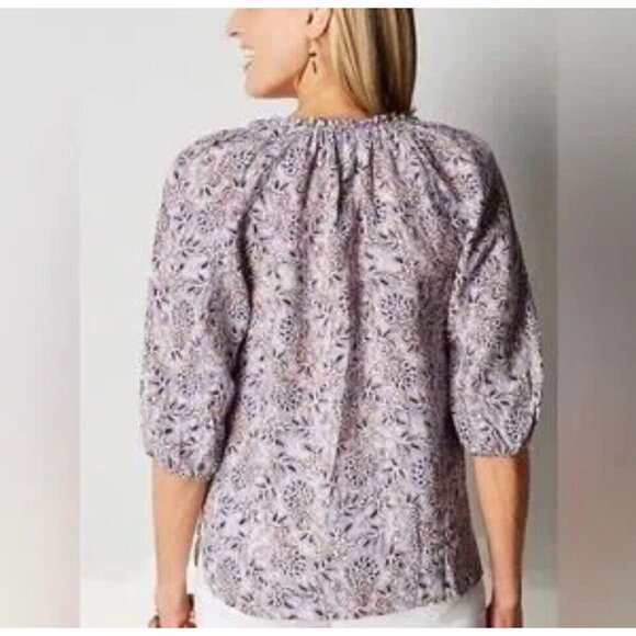J. Jill Love Linen Sz S V Neck Purple Lotus Vines 100% Linen Peasant Top Blouse - Picture 3 of 13